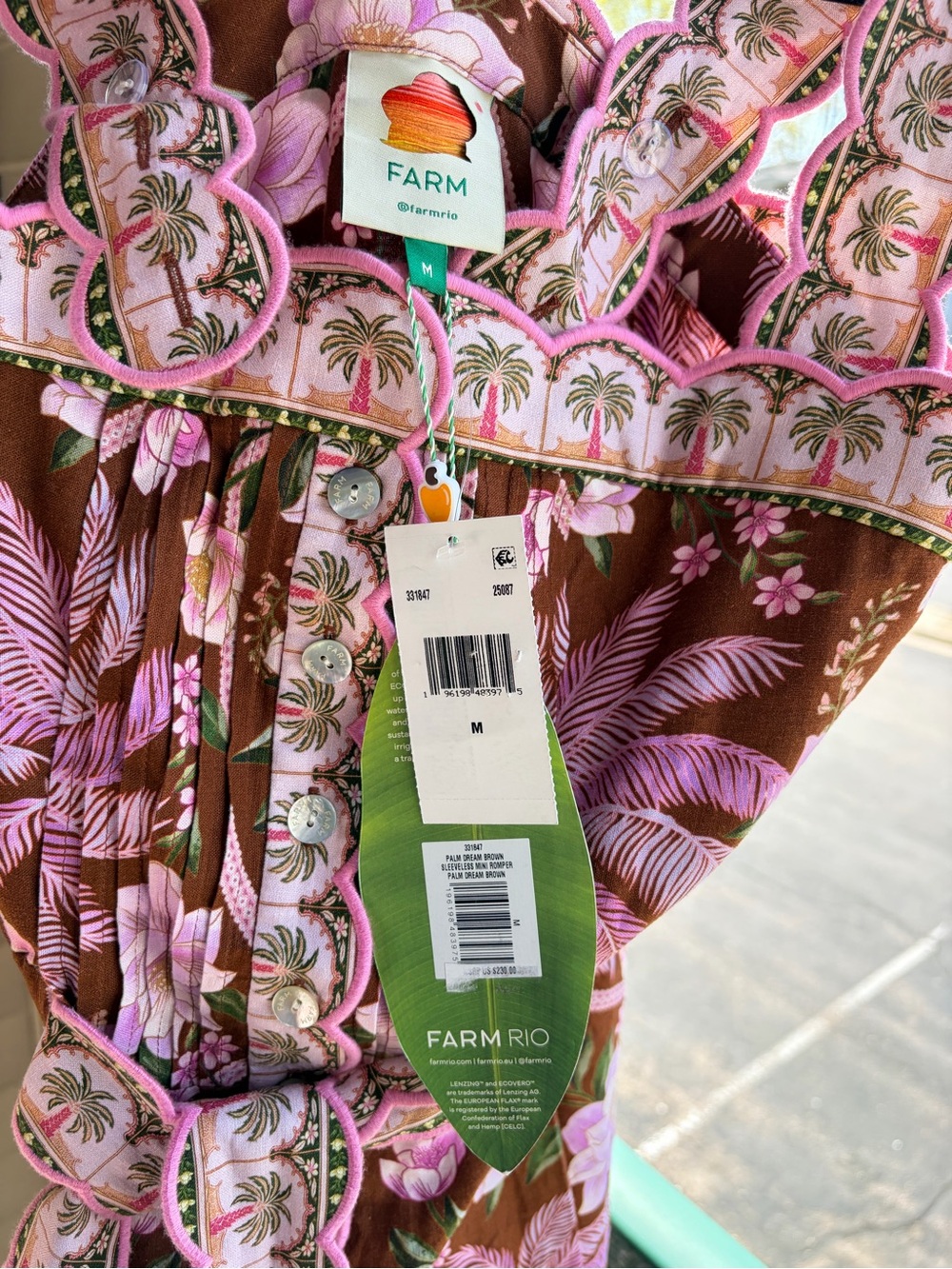 🆕🌿🌸FARMRio Palm Dream Brown Linen Romper M Tropical Floral Scalloped Trim Resort - Picture 14 of 17